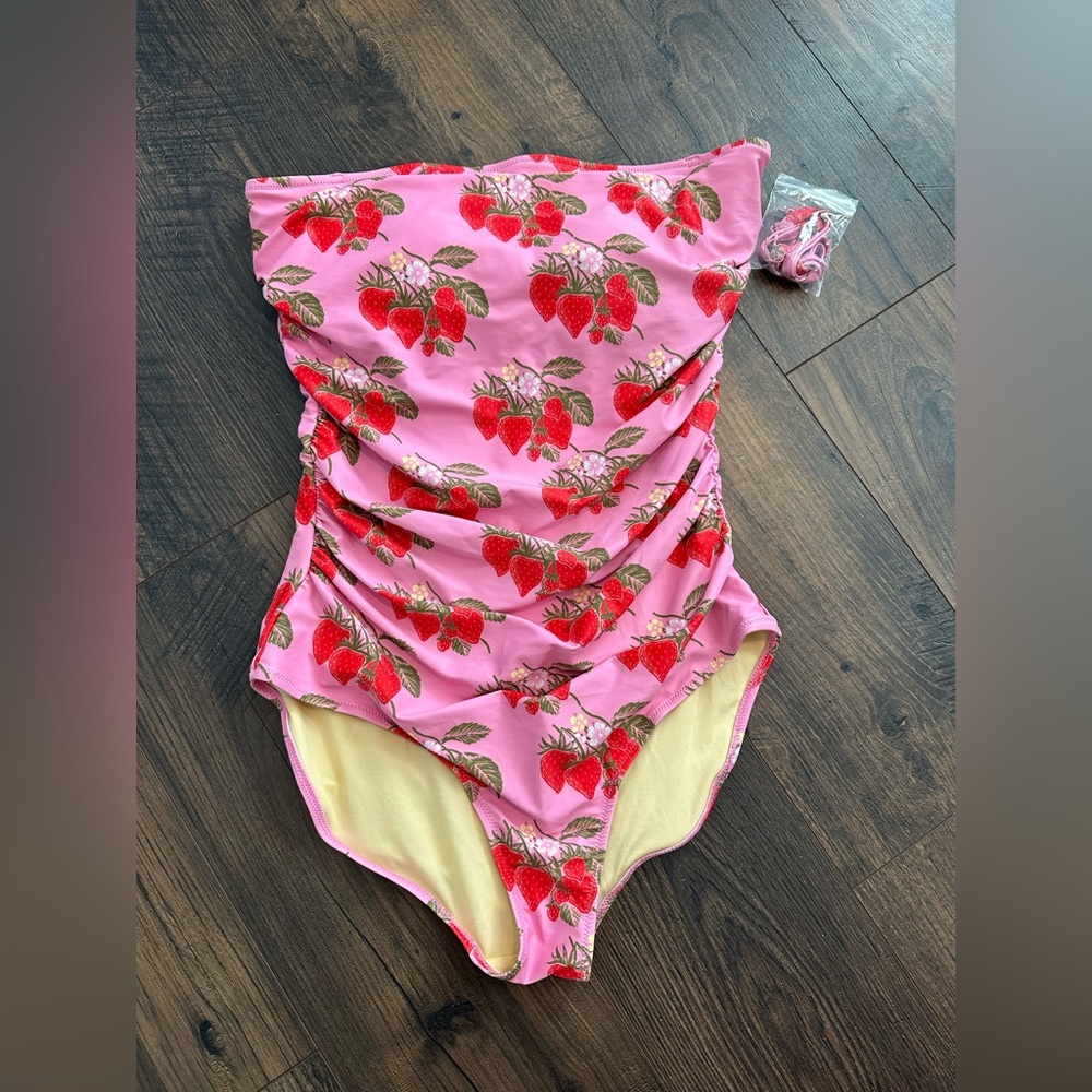 Pink Chicken Pink Strawberry Print Strapless One-Piece Swimsuit